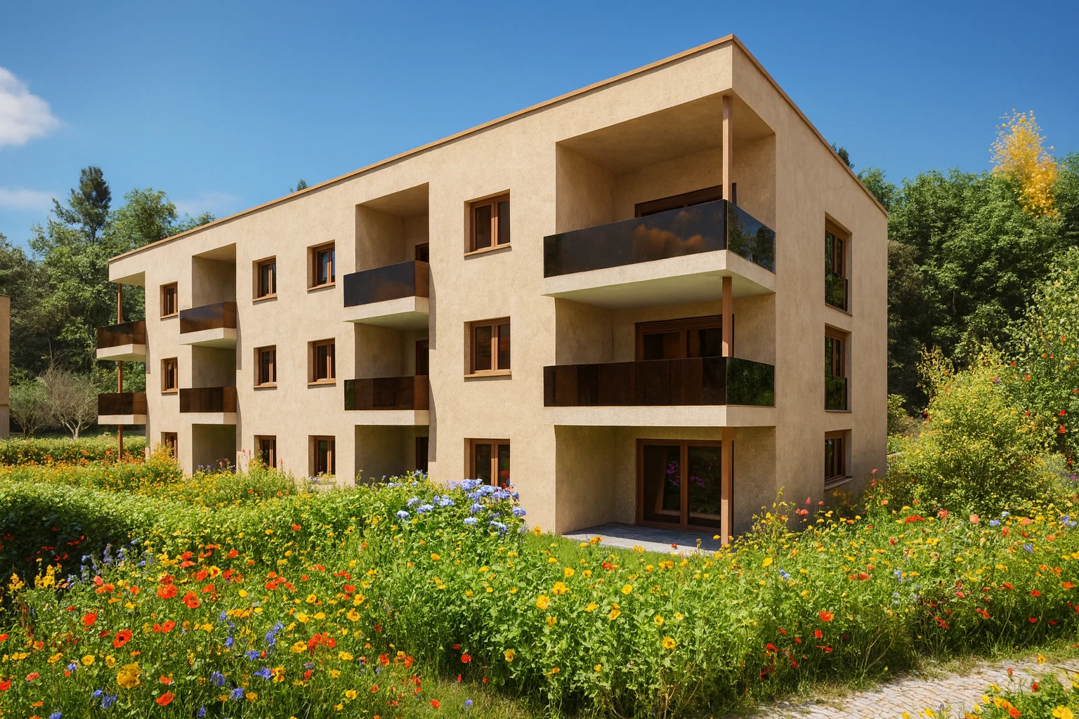 Außenansicht Mehrfamilienhaus Zum Burgstall 32 — moderne Architektur mit Dachbegrünung